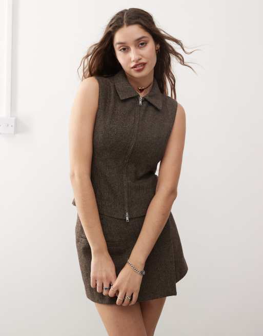 Weekday Karin zip through vest in brown herringbone (part of a set)