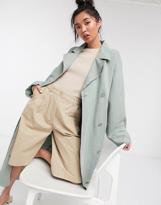 Weekday Karlee soft trench coat in sage green