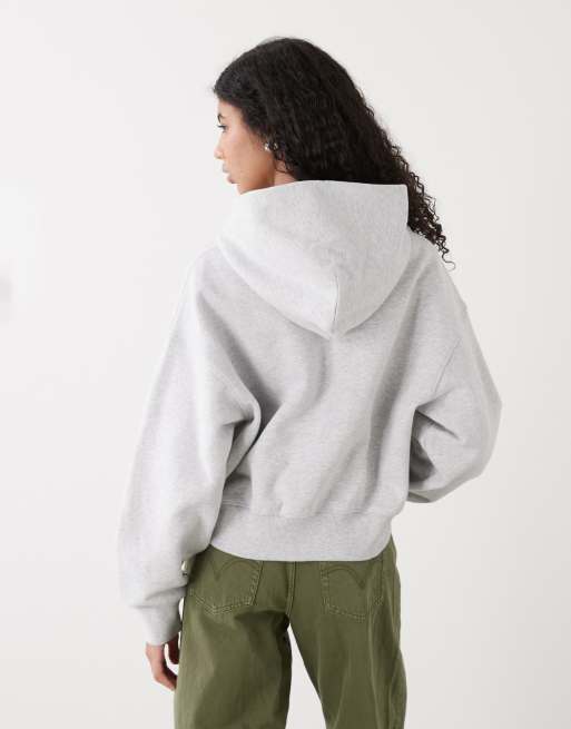 Weekday – Kastig geschnittene Cropped-Kapuzenjacke in Grau meliert mit Reißverschluss, 2 von 4