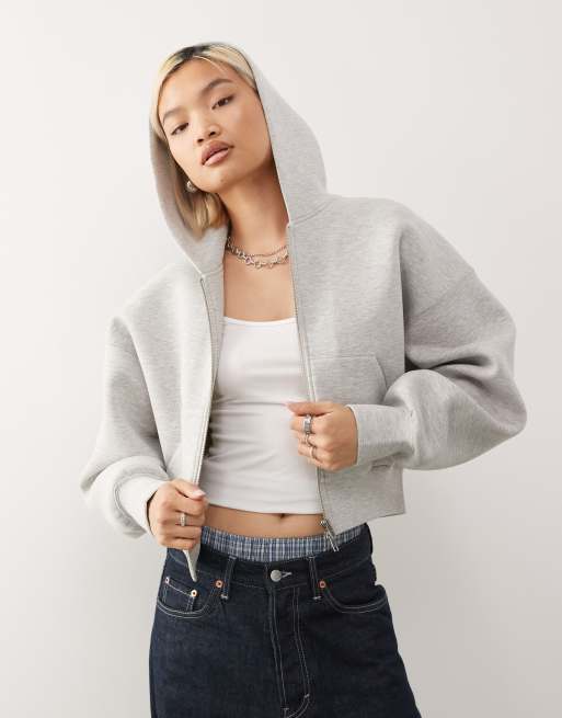 Weekday – Kastig geschnittene Oversize-Kapuzenjacke aus neoprenartigem Stoff in grau meliert mit durchgehendem Reißverschluss