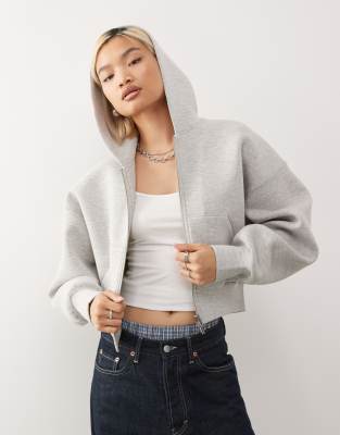 Weekday - Kastige Oversize-Kapuzenjacke aus neoprenähnlichem Material in grau meliert mit Reißverschluss