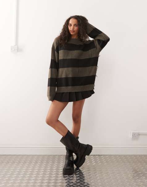 Weekday – Kastiger Pullover im Used-Look mit Streifen in dunklem Maulwurfbraun und Schwarz mit Fransen an den Ärmeln - view 1