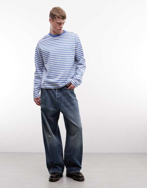 Weekday – Kastiges, langärmliges Oversize-T-Shirt in Blau und Wollweiß gestreift, 2 von 5