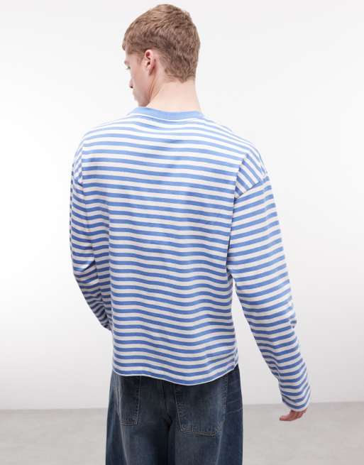 Weekday – Kastiges, langärmliges Oversize-T-Shirt in Blau und Wollweiß gestreift, 5 von 5