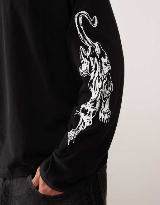 Weekday – Kastiges, langärmliges Oversize-T-Shirt in Schwarz mit Panther-Grafik am Ärmel, 5 von 5