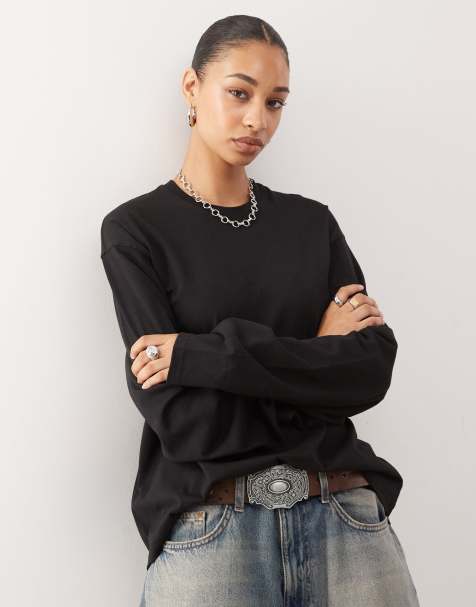 Weekday – Kastiges, langärmliges Oversize-T-Shirt in Schwarz - view 1