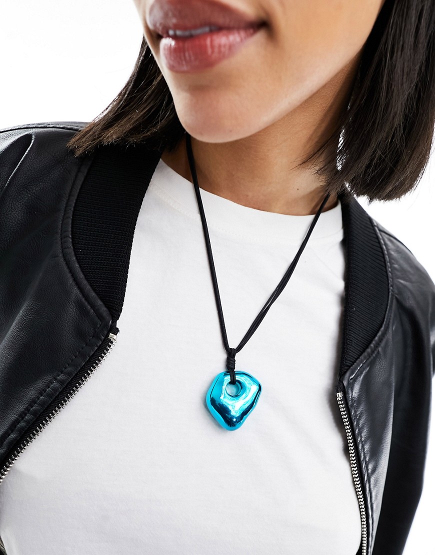 Weekday Kate cord necklace with blue metallic pendant-Black