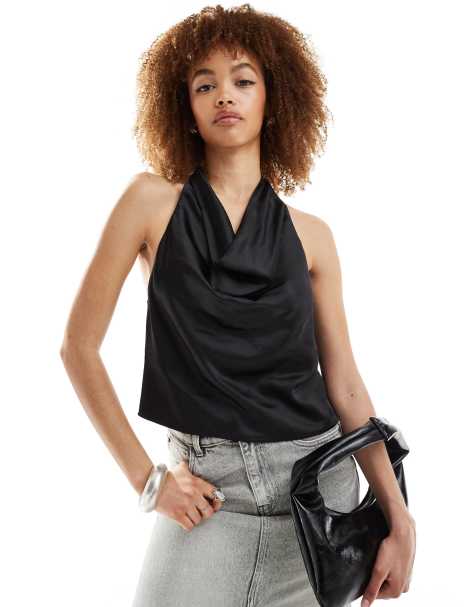 Weekday - Kathy - Top allacciato al collo in raso nero - view 1