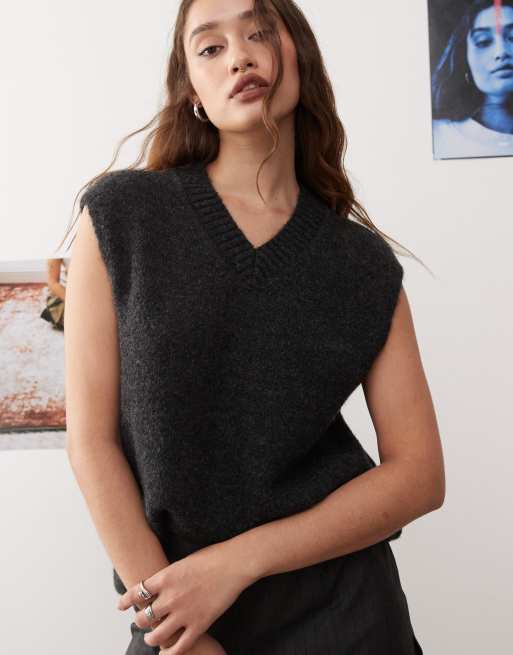 Weekday - Kayla - Débardeur oversize en laine mélangée à col en V - Noir chiné, 2 de 4