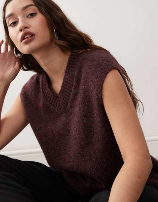 Weekday - Kayla - Maglione senza maniche oversize rosso vino in misto lana con scollo a V, 2 di 4