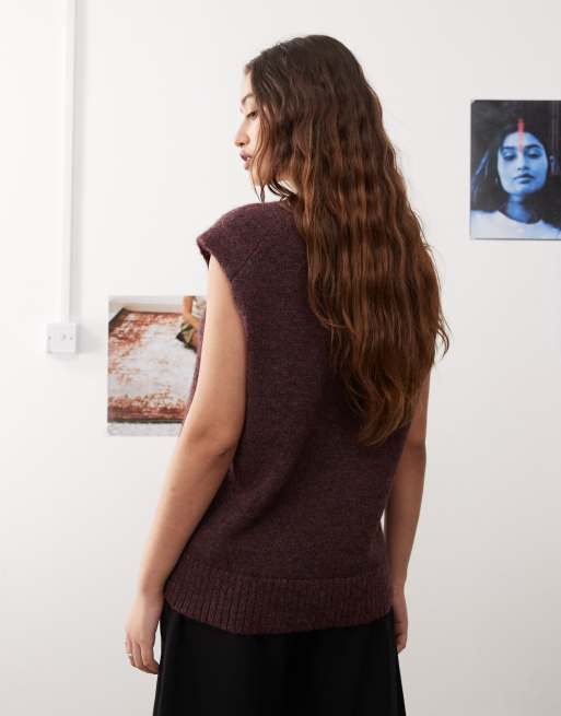 Weekday - Kayla - Maglione senza maniche oversize rosso vino in misto lana con scollo a V, 4 di 4