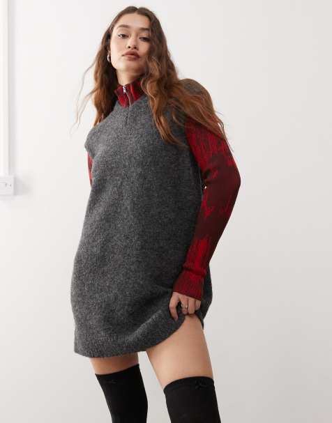 Weekday Kayla wool blend knitted v neck vest mini dress in dark grey melange exclusive to ASOS - view 1