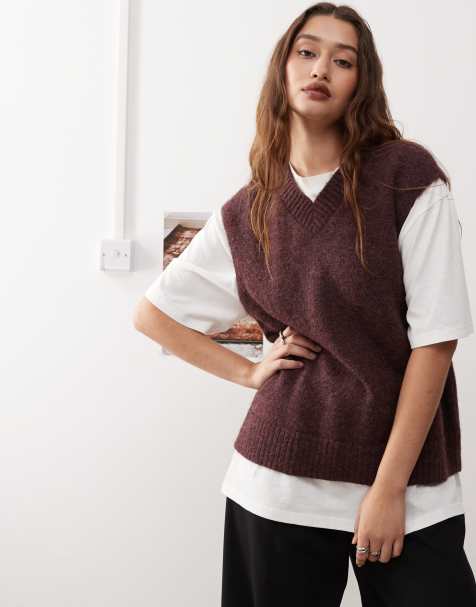 Weekday Kayla wool blend oversized v neck vest in wine red - view 1