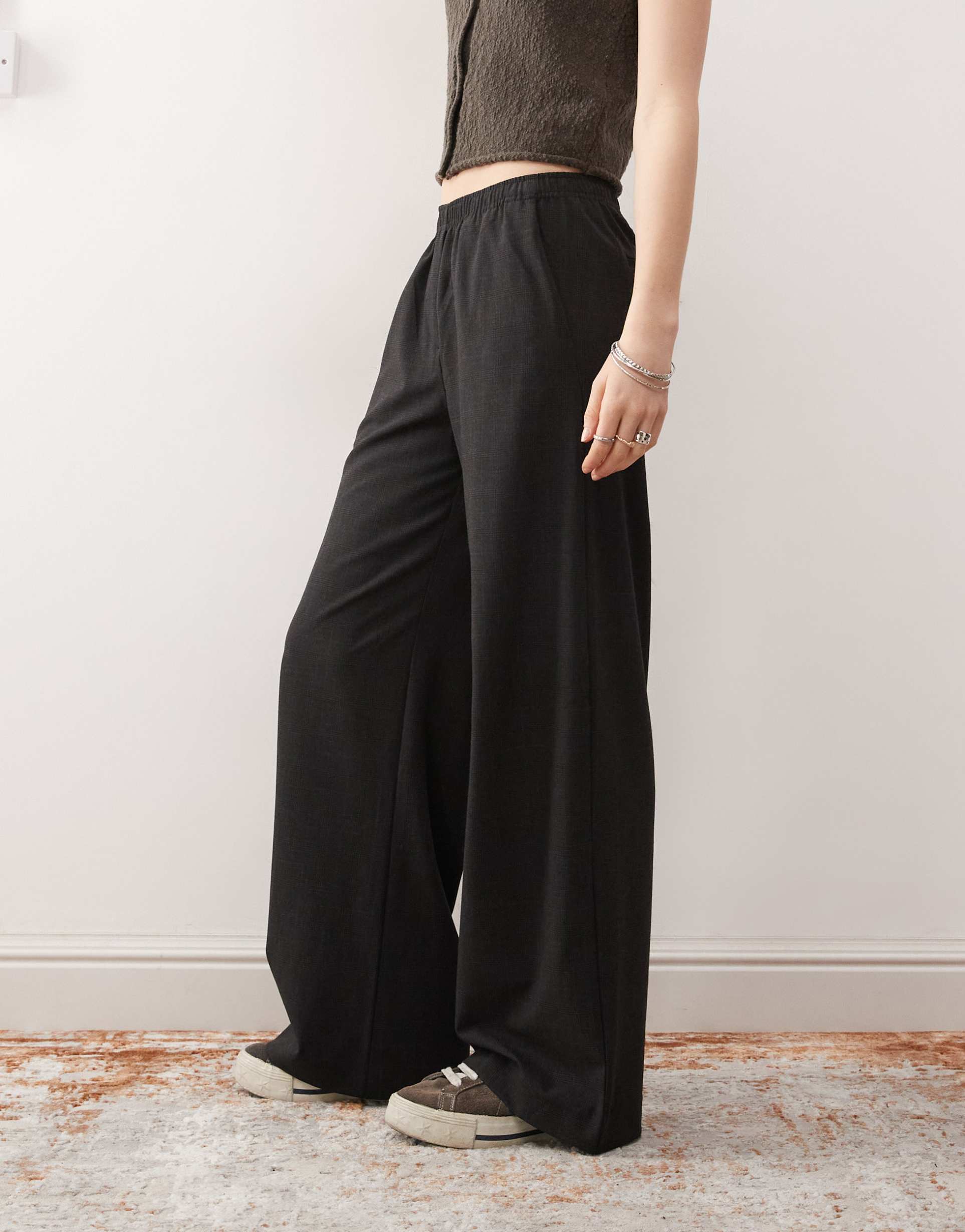 weekday kelly elastic waist wide leg pants in black plaid