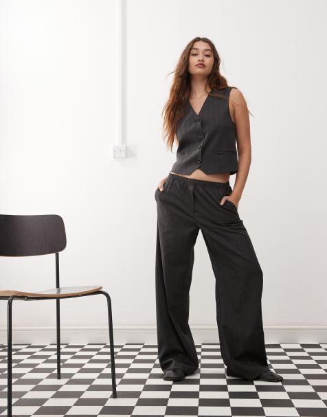 Weekday Kelly wide leg elasticated waist trousers in grey melange - view 1
