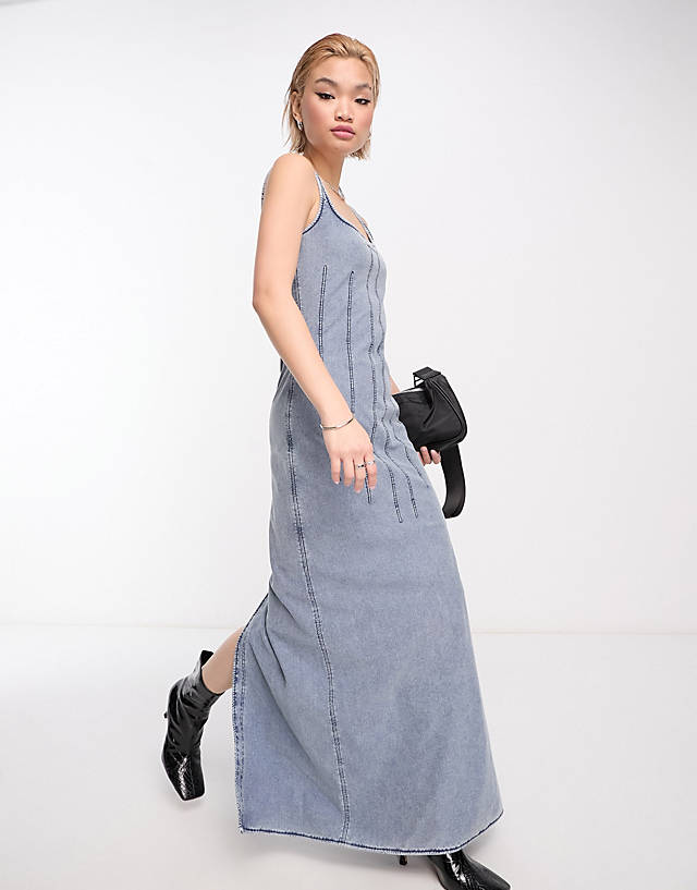 Weekday - kelsey seam detail maxi dress in washed blue