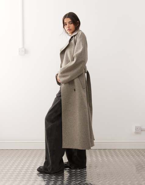 Weekday - Kia - Cappotto oversize in misto lana color talpa mélange allacciato in vita - view 1