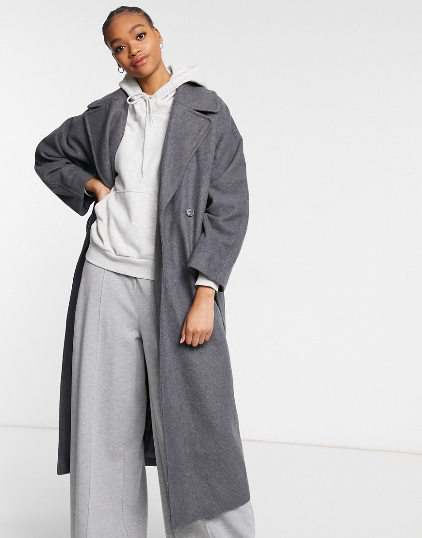 Weekday Kia longline tailored coat with tie waist in gray-Grey