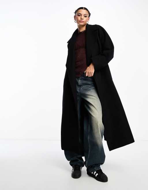 Weekday - Kia - Manteau oversize en laine mélangée avec liens à la taille - Noir