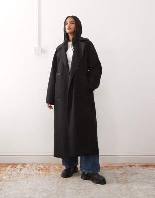 Weekday - Kia - Oversize-Mantel aus Wollmix in Schwarz mit Bindegürtel