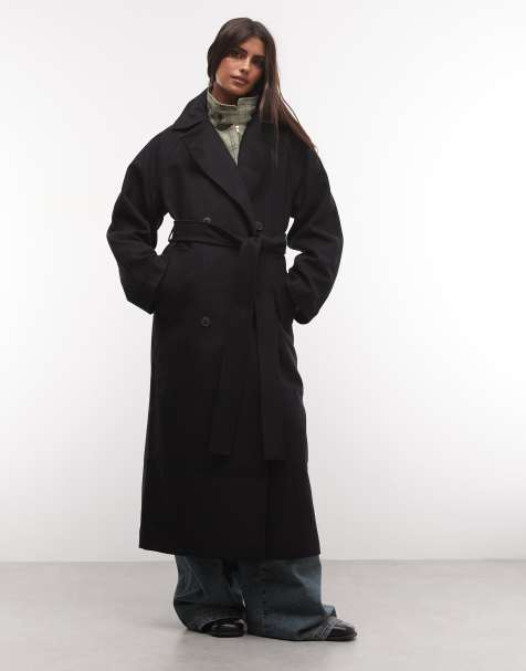 Weekday – Kia – Oversize-Mantel aus Wollmix in Schwarz mit Bindegürtel - view 1