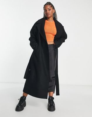 Weekday Kia oversized coat with tie waist detail in black