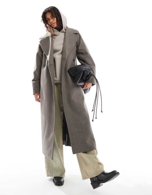 Weekday - Kia - Oversized jas van wolmix met gestrikte taille in gemêleerde donkere molkleur