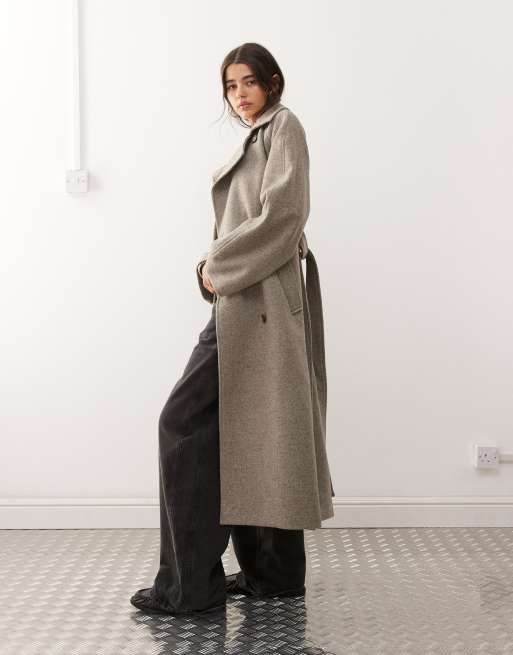 Weekday - Kia - Oversized jas van wolmix met gestrikte taille in gemêleerde molkleur
