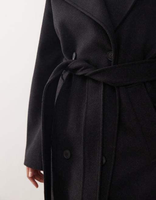 Weekday - Kia - Oversized jas van wolmix met gestrikte taille in zwart, 3 van 4