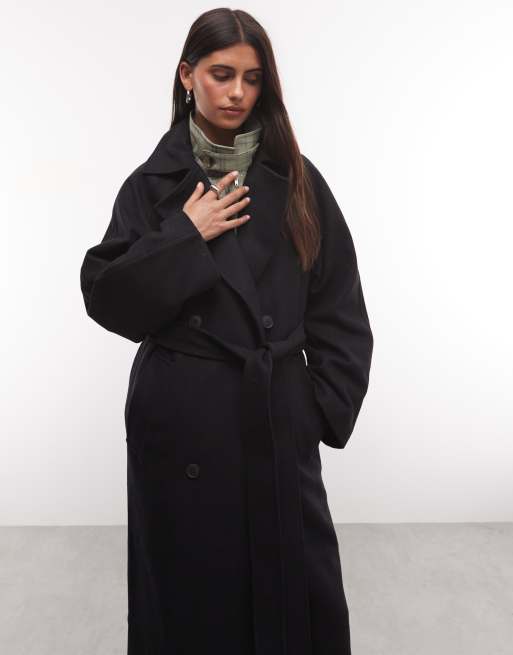 Weekday - Kia - Oversized jas van wolmix met gestrikte taille in zwart, 3 van 4
