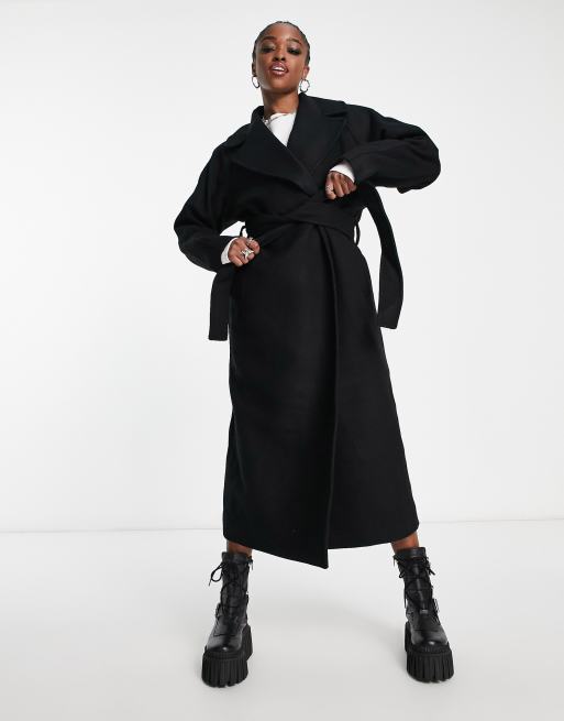 Black wool coat store with belt