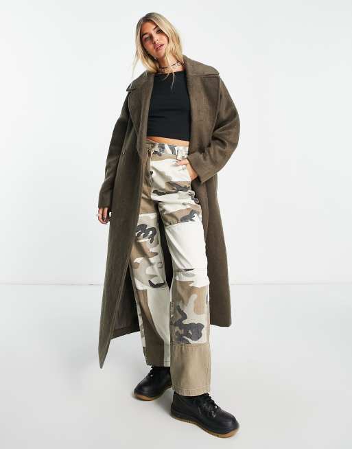 Weekday Kia wool blend oversized coat with tie waist detail in brown