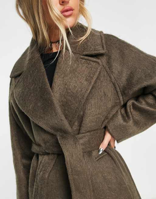 Weekday Kia oversized wool coat with tie waist detail in brown