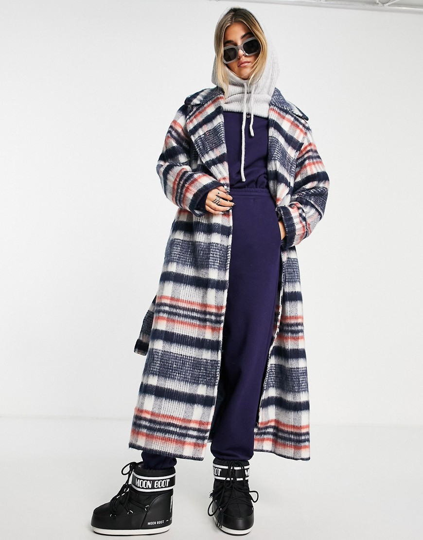 Weekday Kia recycled wool brushed long coat in check-Multi
