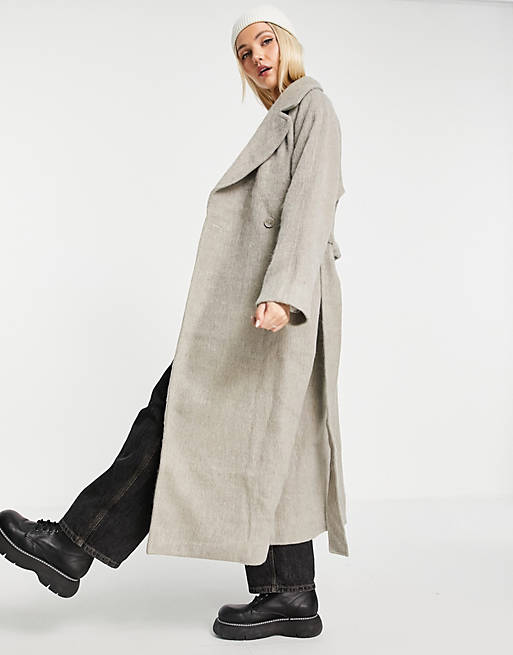  Weekday Kia recycled wool brushed long coat in mole 
