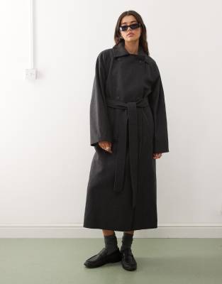 Weekday Weekday Kia wool blend oversized coat with double button and tie waist detail in dark grey melange