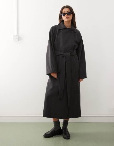 Weekday Kia wool blend oversized coat with double button and tie waist detail in dark grey melange - view 1
