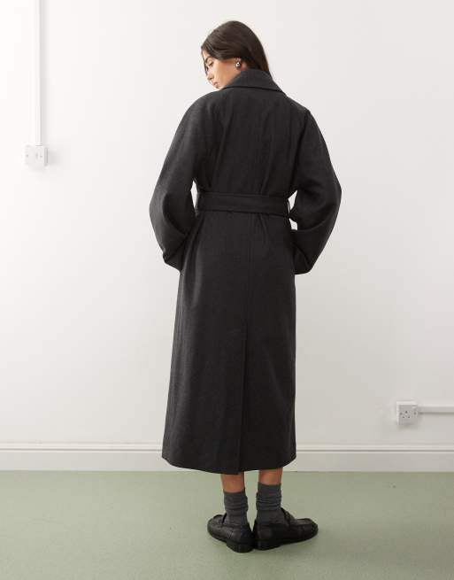 Weekday Kia wool blend oversized coat with double button and tie waist detail in dark grey melange, 3 of 4