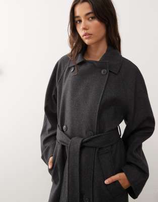 Weekday Kia Wool Blend Oversized Coat With Double Button And Tie Waist Detail In Gray
