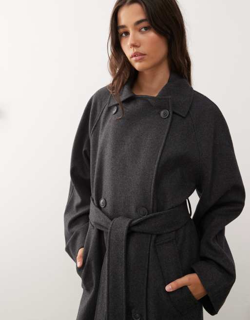 Weekday Kia wool blend oversized coat with double button and tie waist detail in dark grey melange