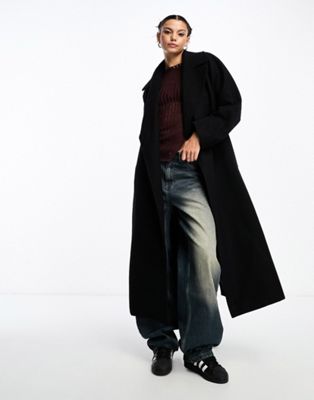 Weekday Kia wool blend oversized coat with tie waist detail in black