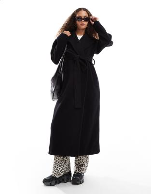 Kia wool blend oversized coat with tie waist detail in black