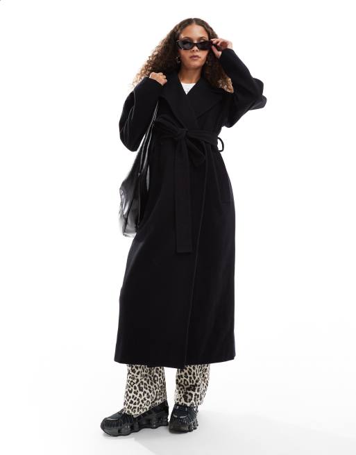 Weekday Kia Wool Blend Oversized Coat with Tie Waist Detail in Black