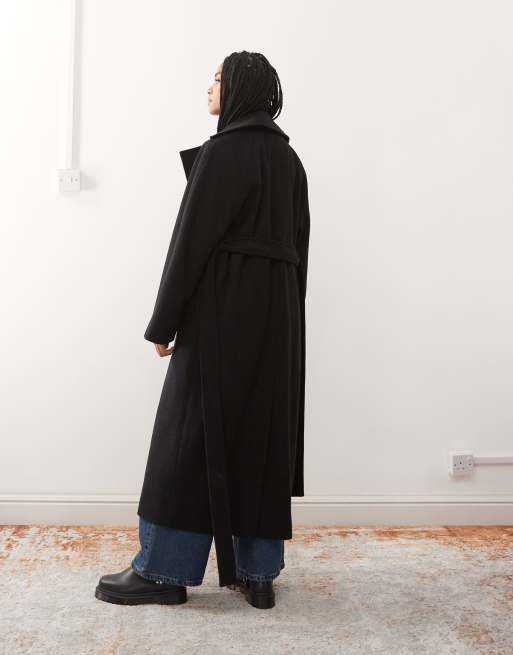Weekday Kia wool blend oversized coat with tie waist detail in black