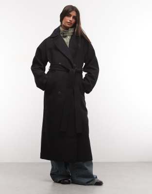 Weekday Kia Wool Blend Oversized Coat With Tie Waist Detail In Black