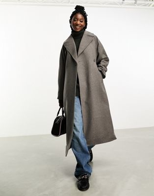 Weekday Kia wool blend oversized coat with tie waist detail in brown