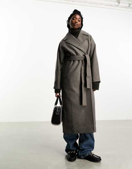 Weekday Kia wool blend oversized coat with tie waist detail in brown