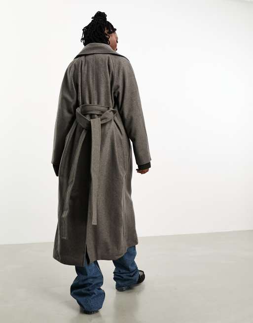 Weekday Kia wool blend oversized coat with tie waist detail in brown