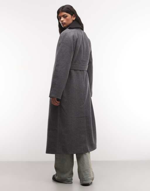 Weekday Kia wool blend oversized coat with tie waist detail in gray melange herringbone, 4 of 4