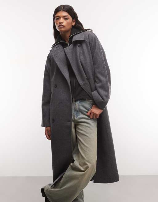 Weekday Kia wool blend oversized coat with tie waist detail in grey melange herringbone, 3 of 4